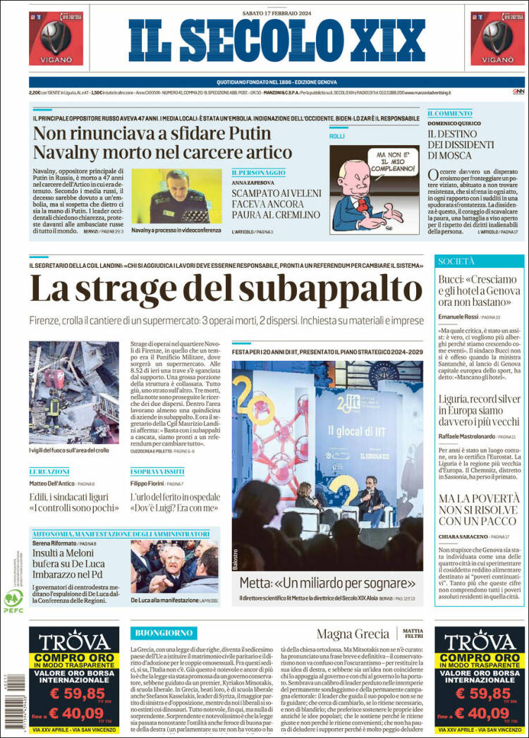 Portada de Il Secolo XIX (Italia)