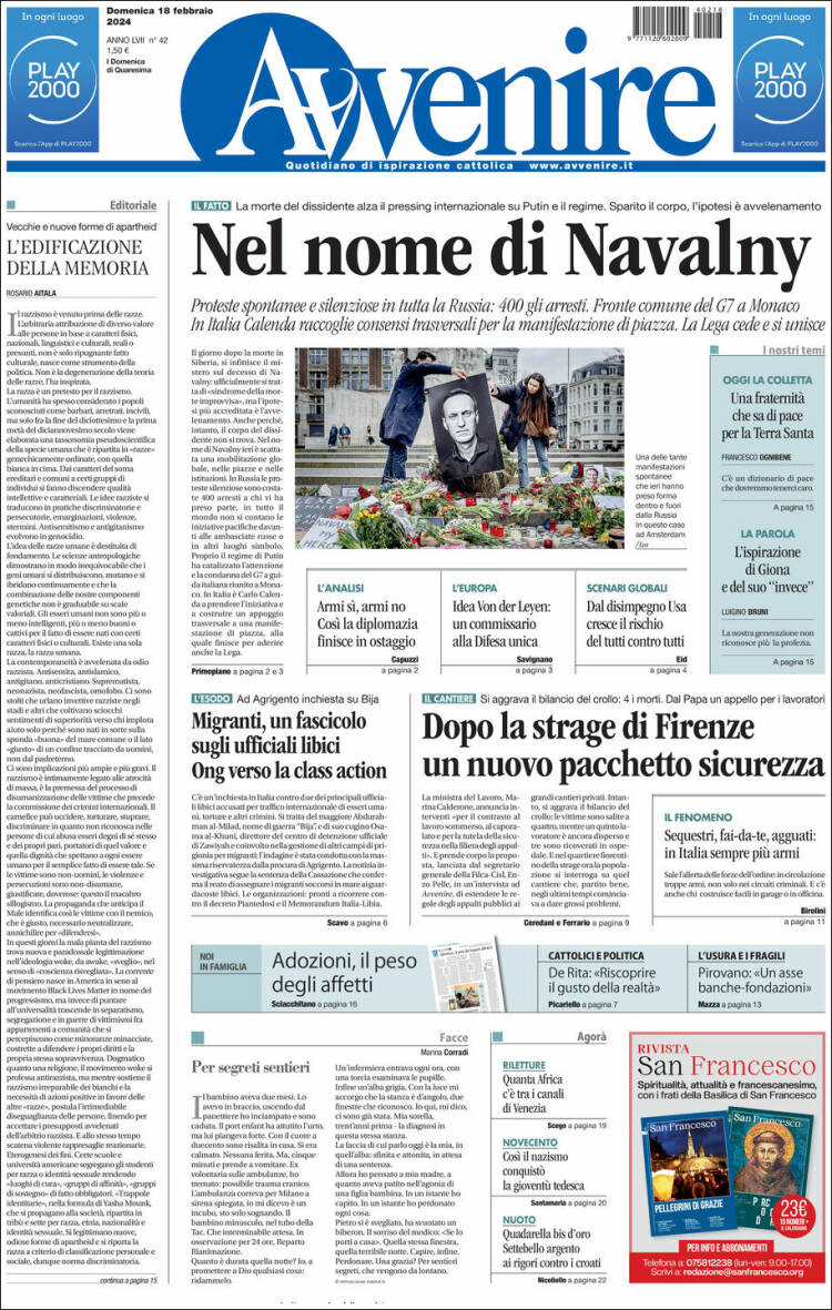 Portada de Avvenire (Italia)