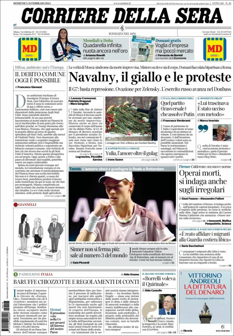 Portada de Corriere della Sera (Italia)