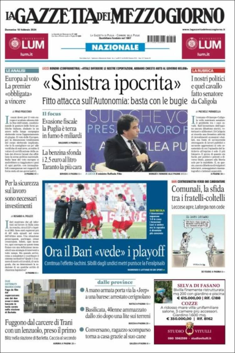 Portada de La Gazzetta del Mezzogiorno (Italia)