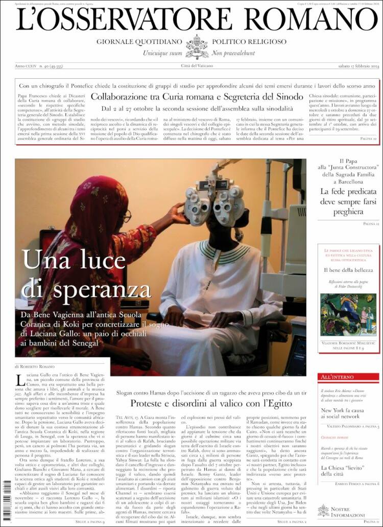 Portada de L'Osservatore Romano (Italia)