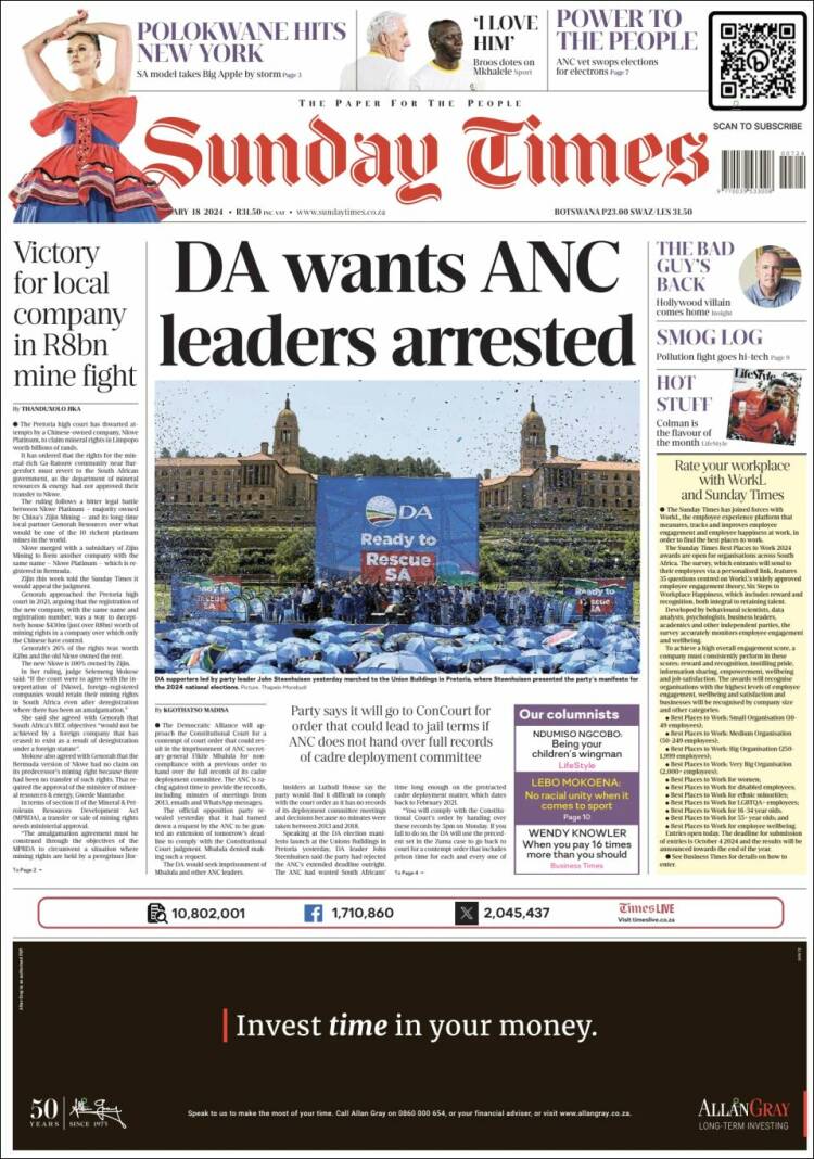 Portada de The Times (Sudáfrica)
