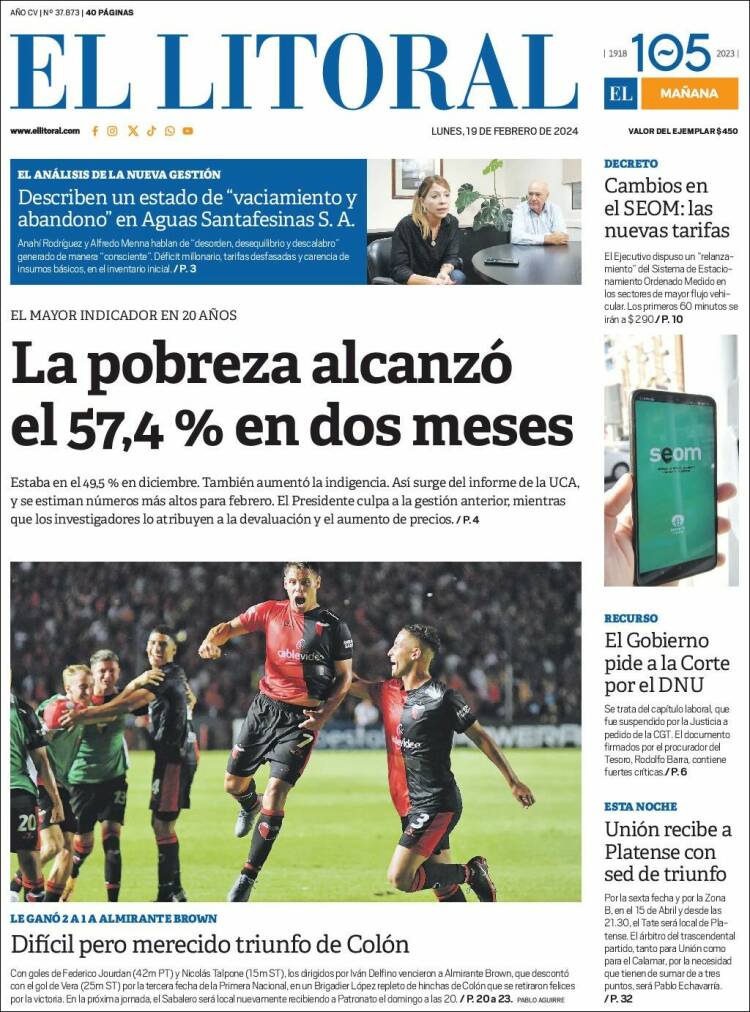 Portada de Diario El Litoral (Argentina)