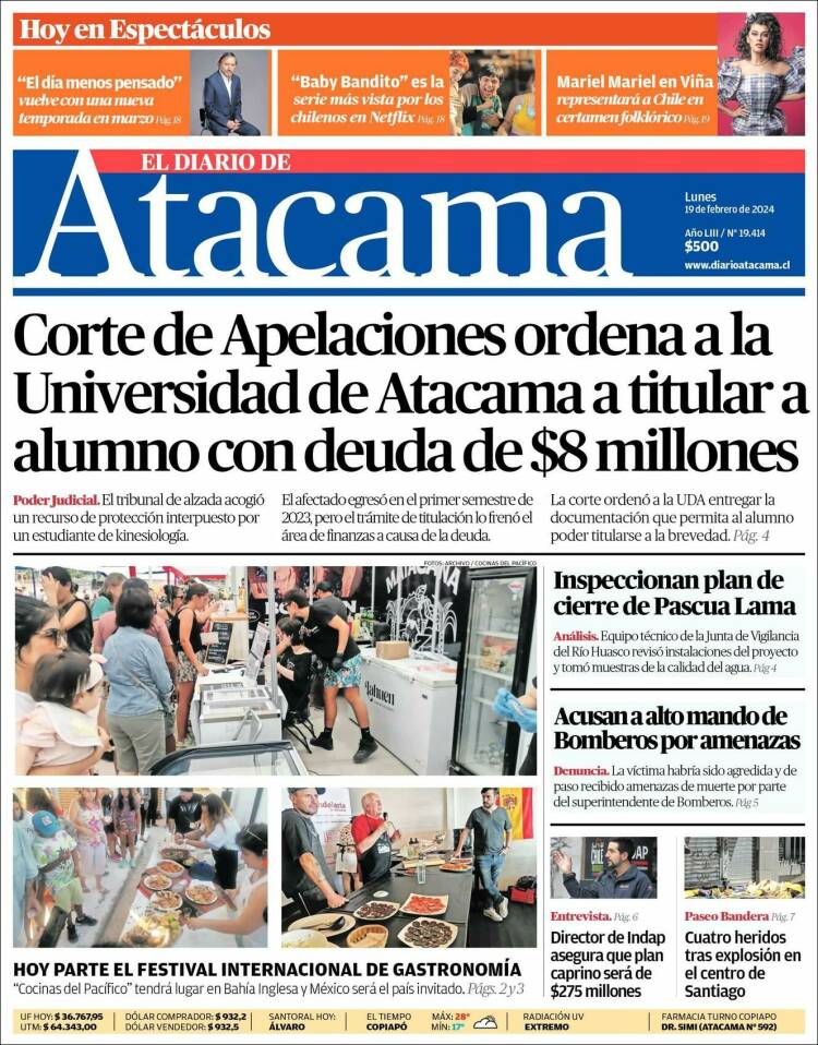 Portada de Diario de Atacama (Chile)