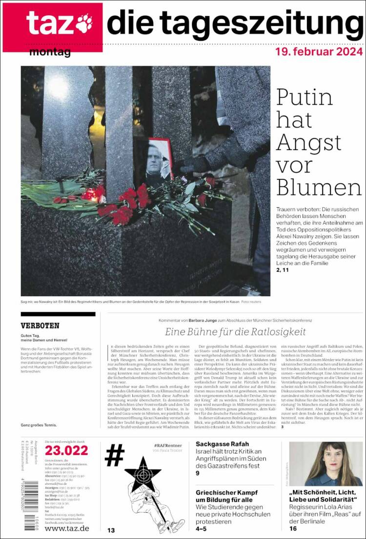 Portada de Die Tageszeitung (Alemania)