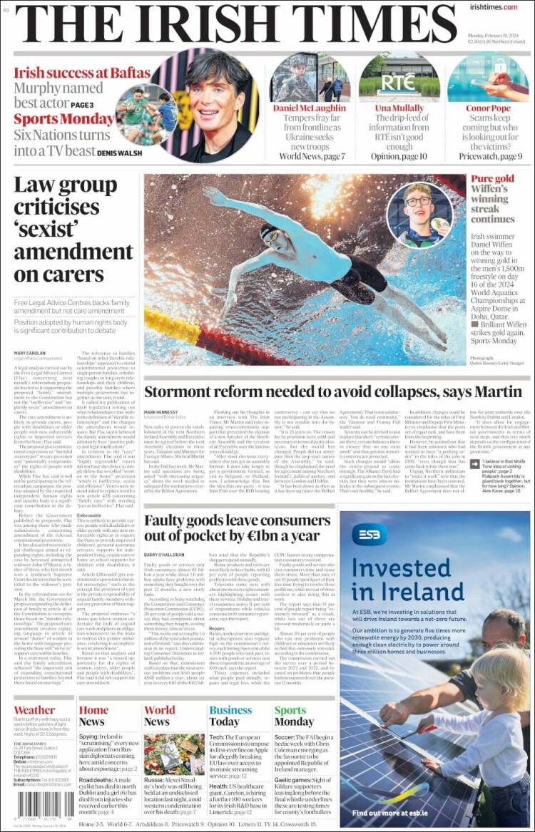 Portada de Irish Times (Irlanda)
