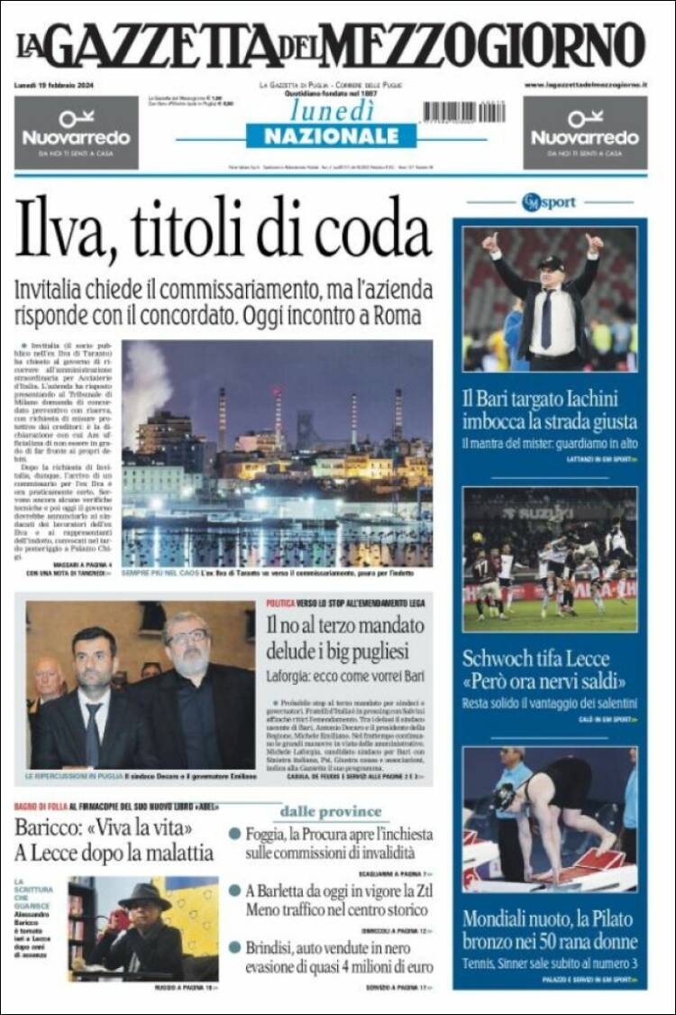 Portada de La Gazzetta del Mezzogiorno (Italia)