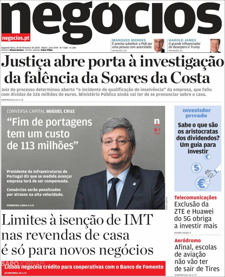 Portada de Jornal de Negócios (Portugal)