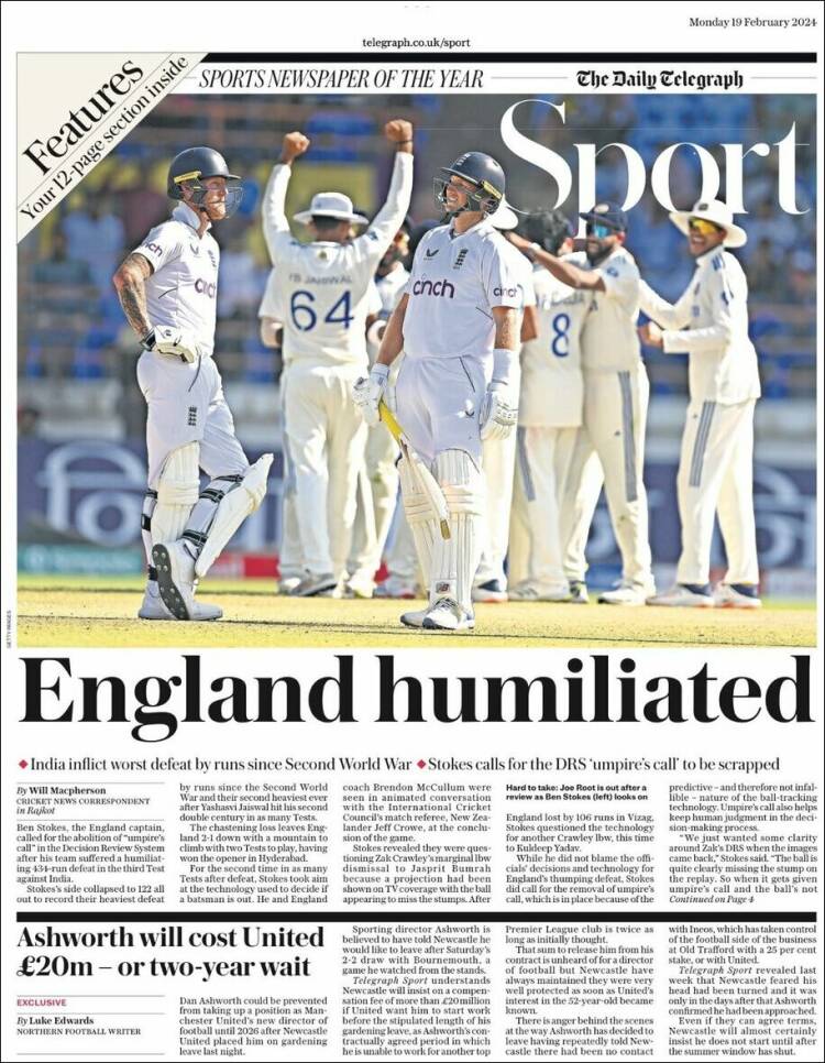 Portada de Telegraph Sport (Reino Unido)