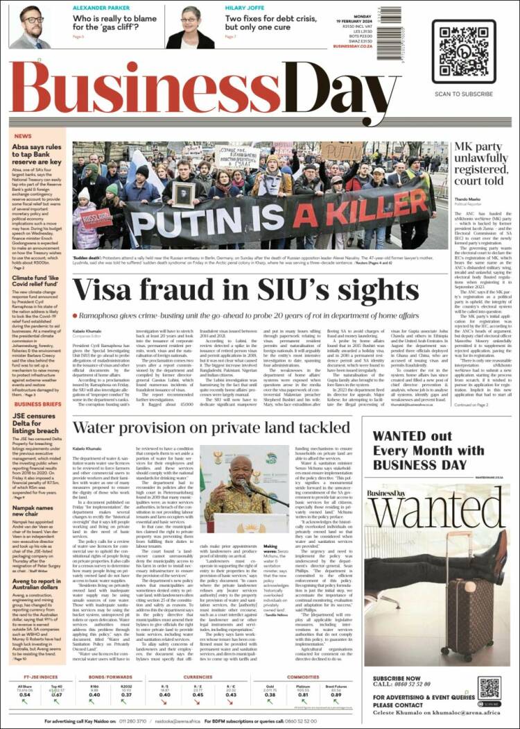 Portada de Business Day (Sud&aacute;frica)