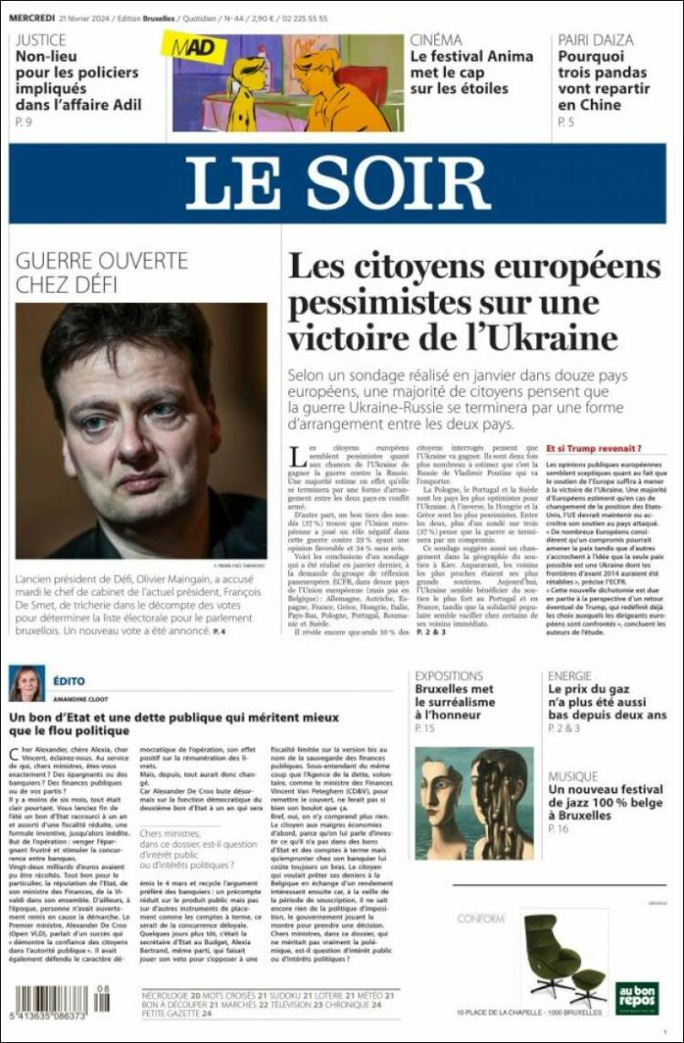 Portada de Le Soir (B&eacute;lgica)