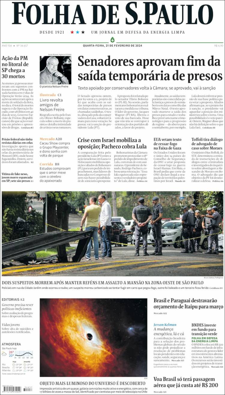 Portada de Folha de São Paulo (Brasil)
