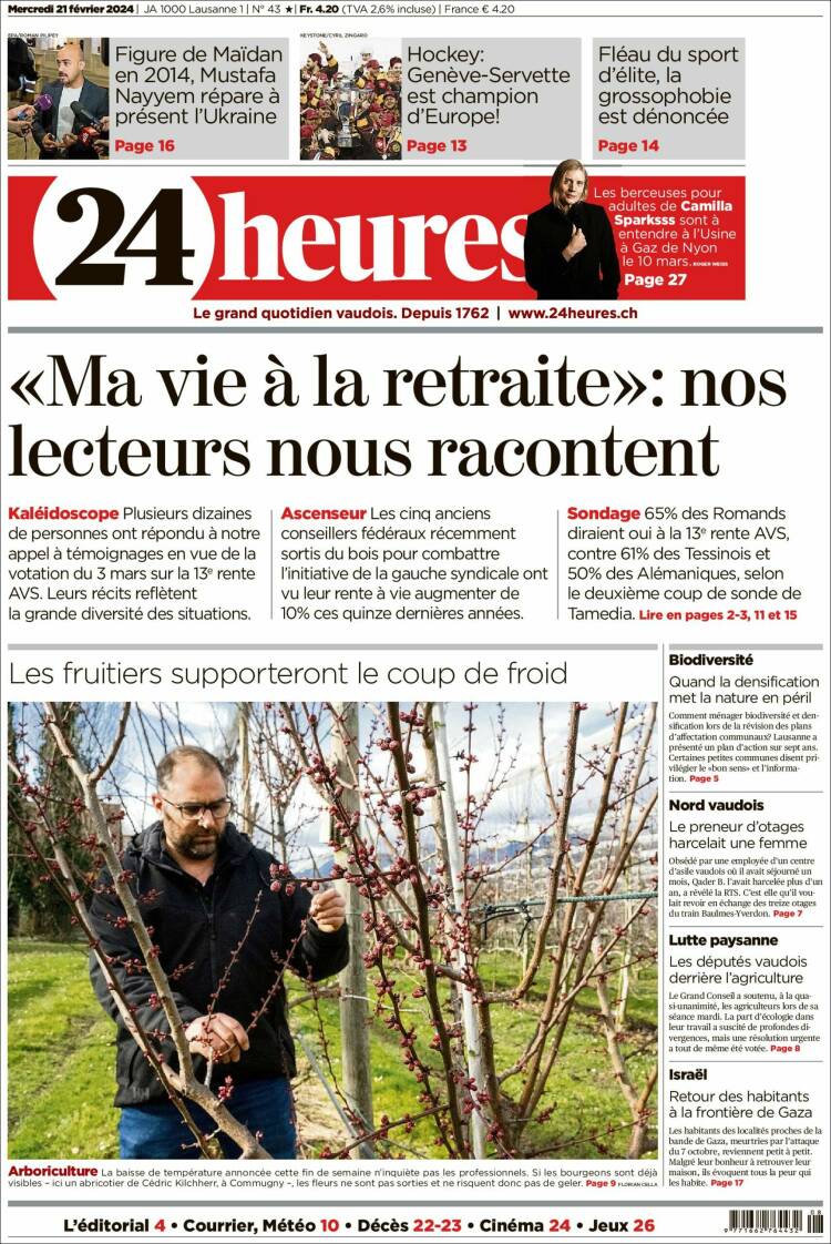 Portada de 24 Heures (Suiza)