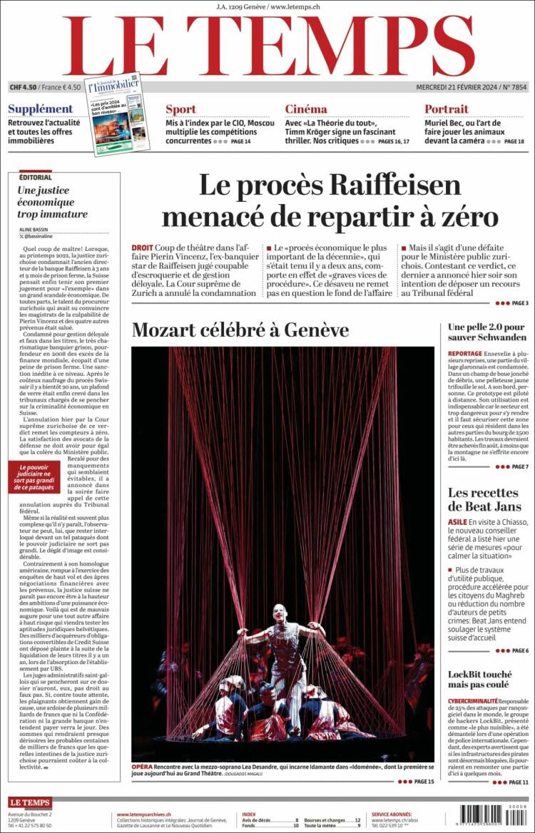 Portada de Le Matin (Suiza)