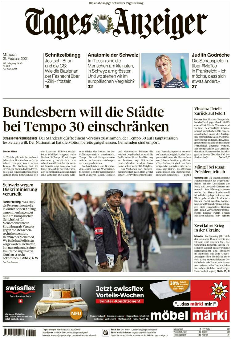 Portada de Tages-Anzeiger (Suiza)