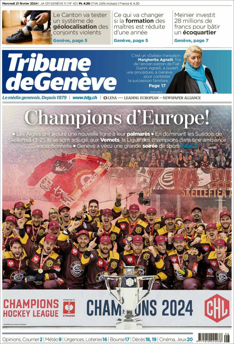 Portada de La Tribune de Genève (Suiza)