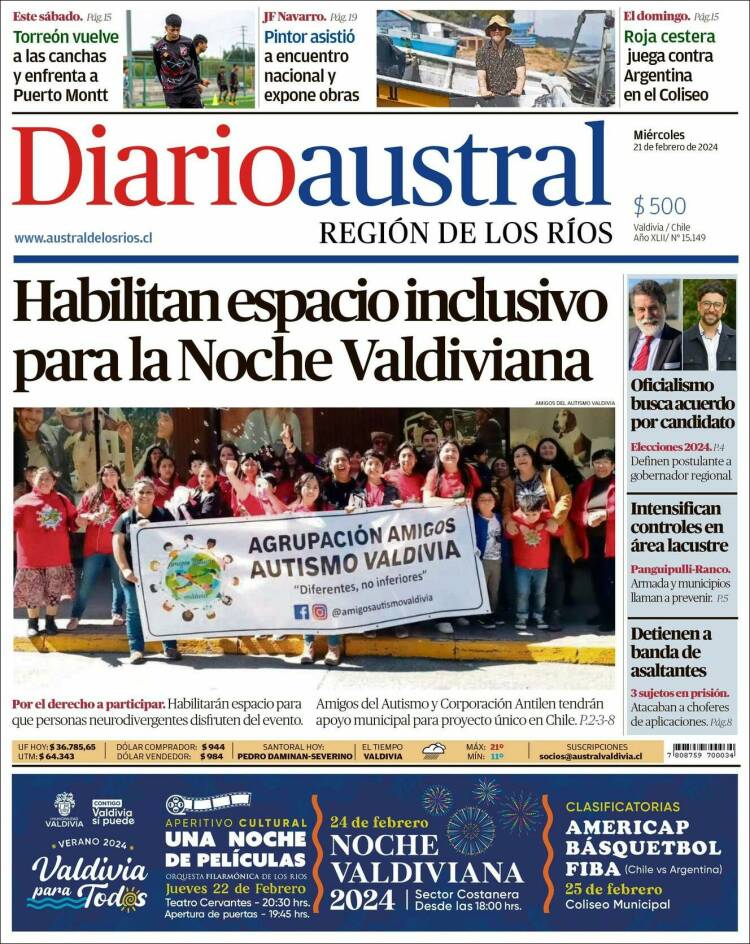 Portada de El Diario Austral de Valdivia (Chile)