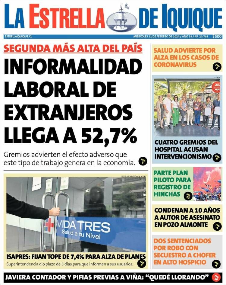 Portada de La Estrella de Iquique (Chile)