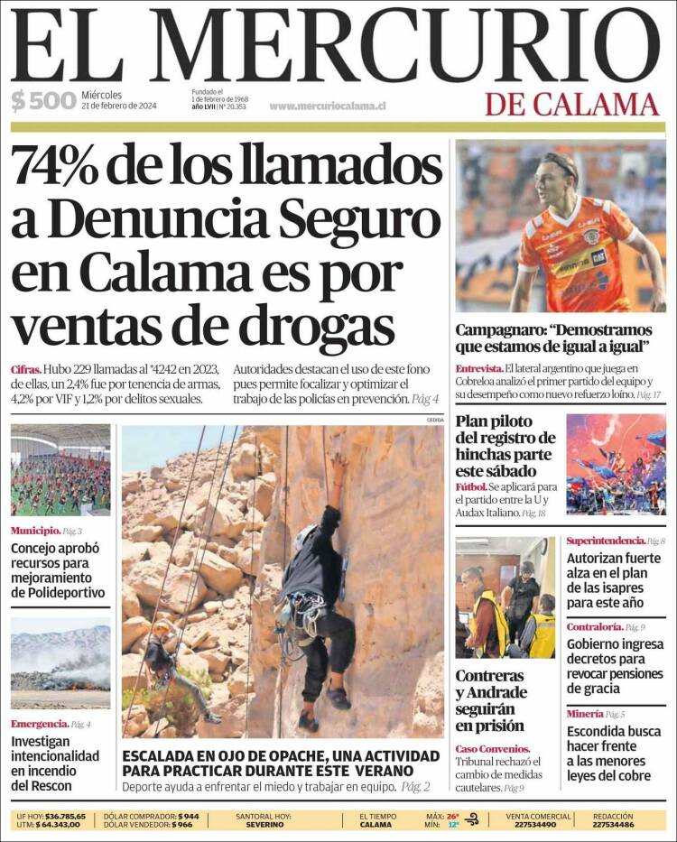 Portada de El Mercurio - Calama (Chile)