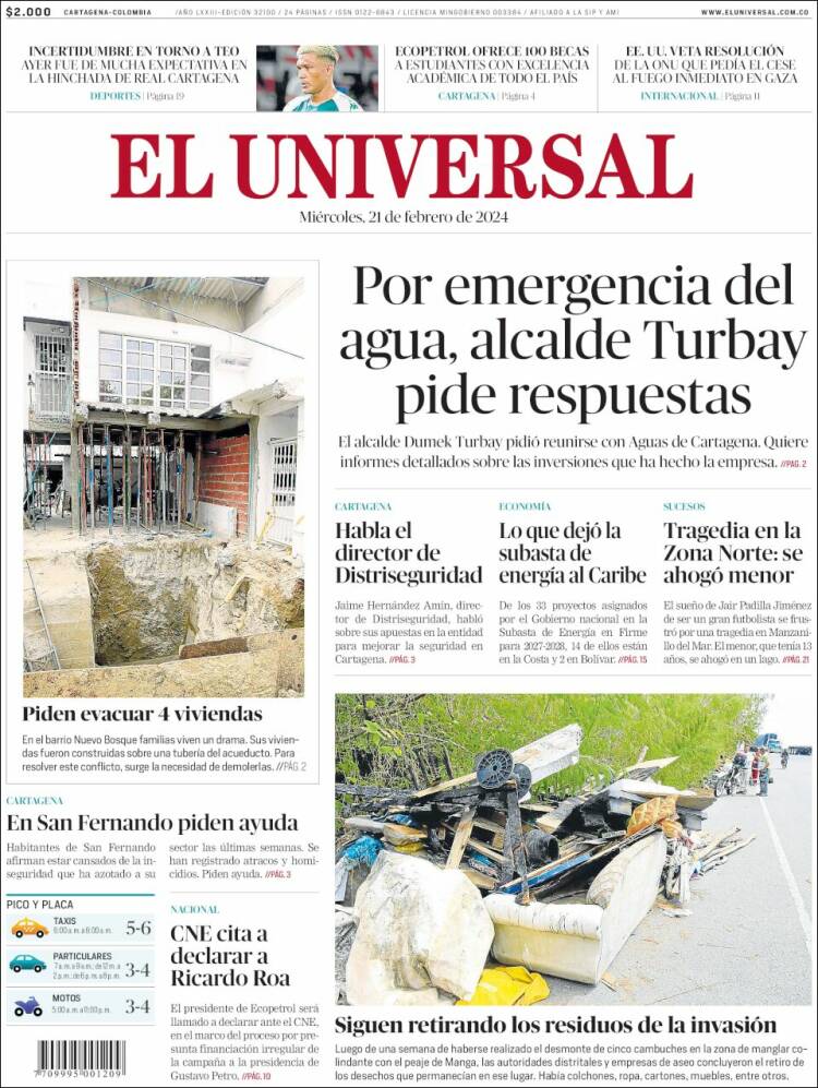 Portada de El Universal (Colombia)