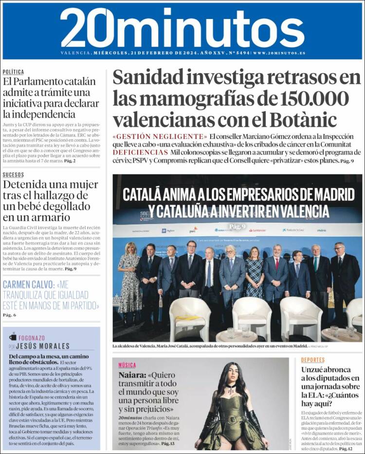 Portada de 20 Minutos - Valencia (Espa&ntilde;a)