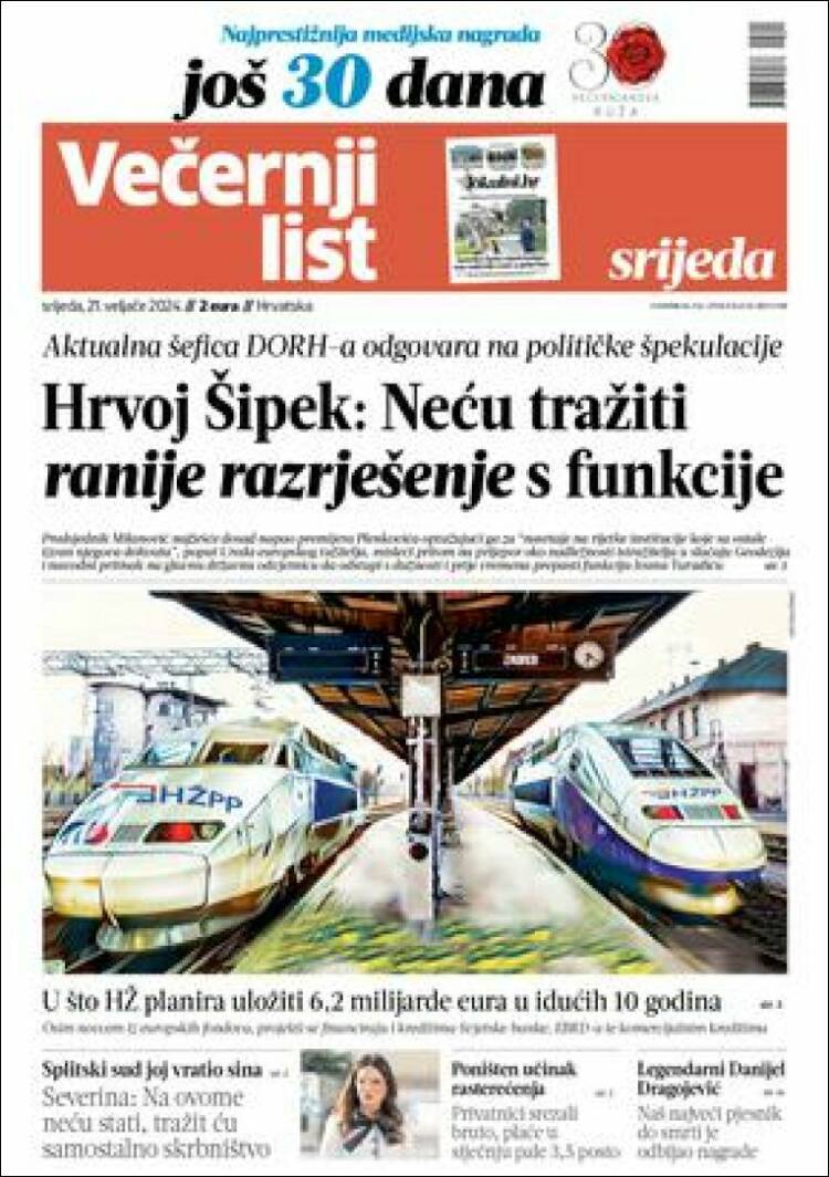 Portada de Večernji (Croacia)