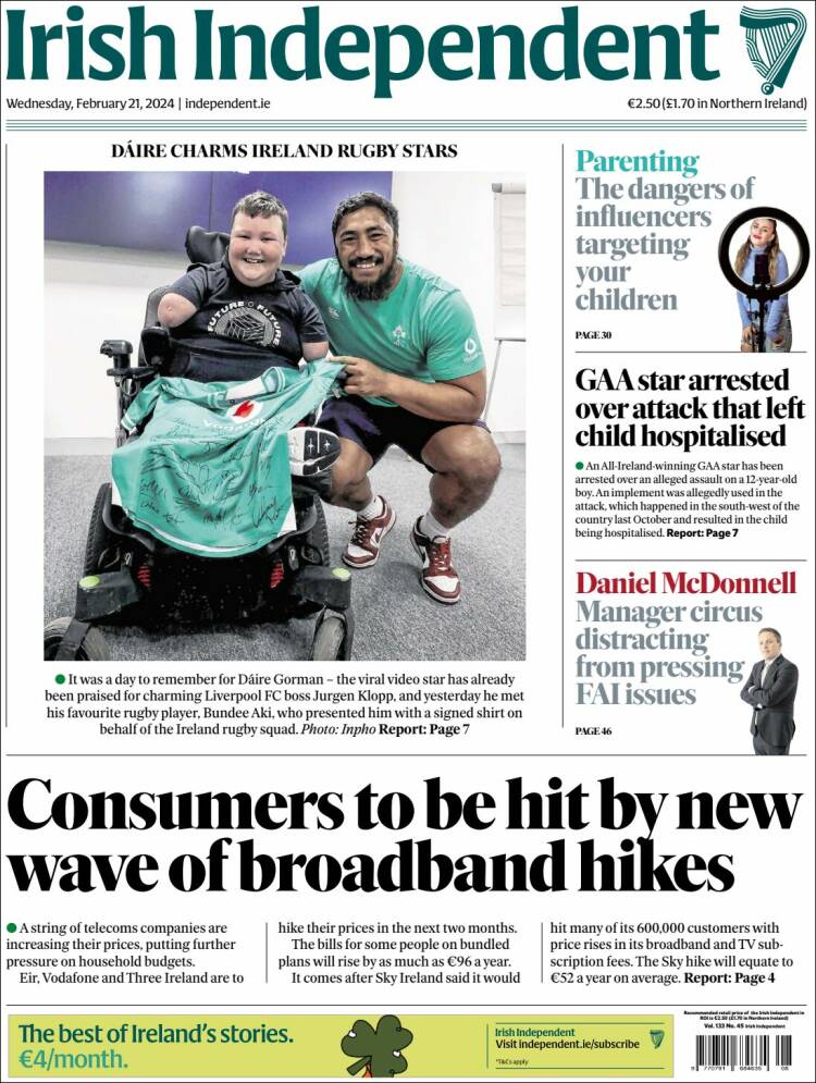 Portada de Irish Independent (Irlanda)