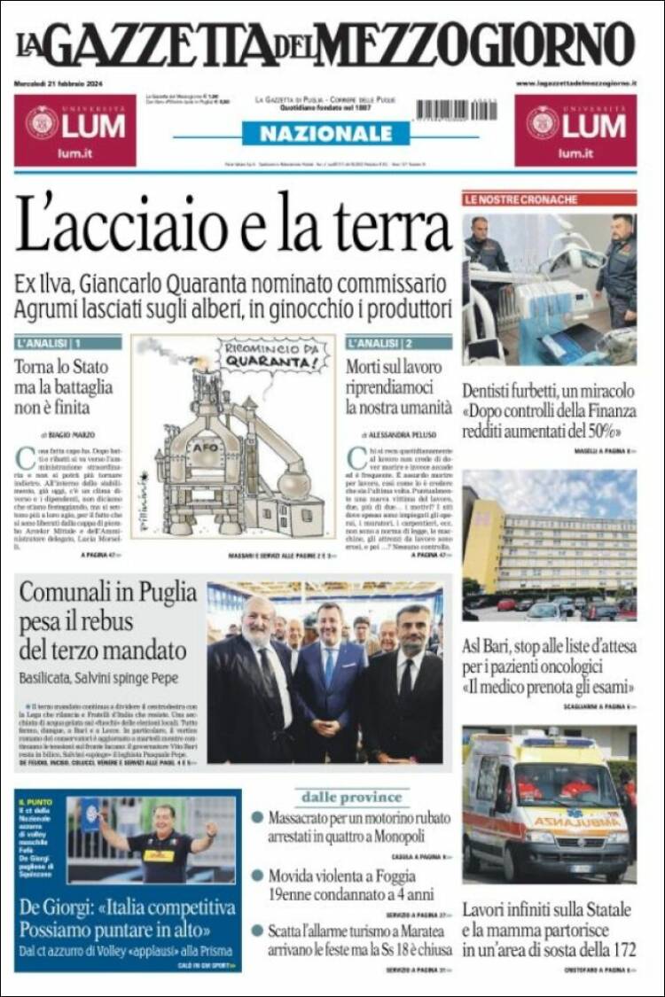Portada de La Gazzetta del Mezzogiorno (Italia)