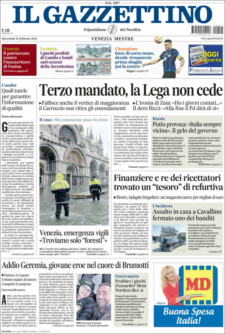 Portada de Il Gazzettino (Italia)
