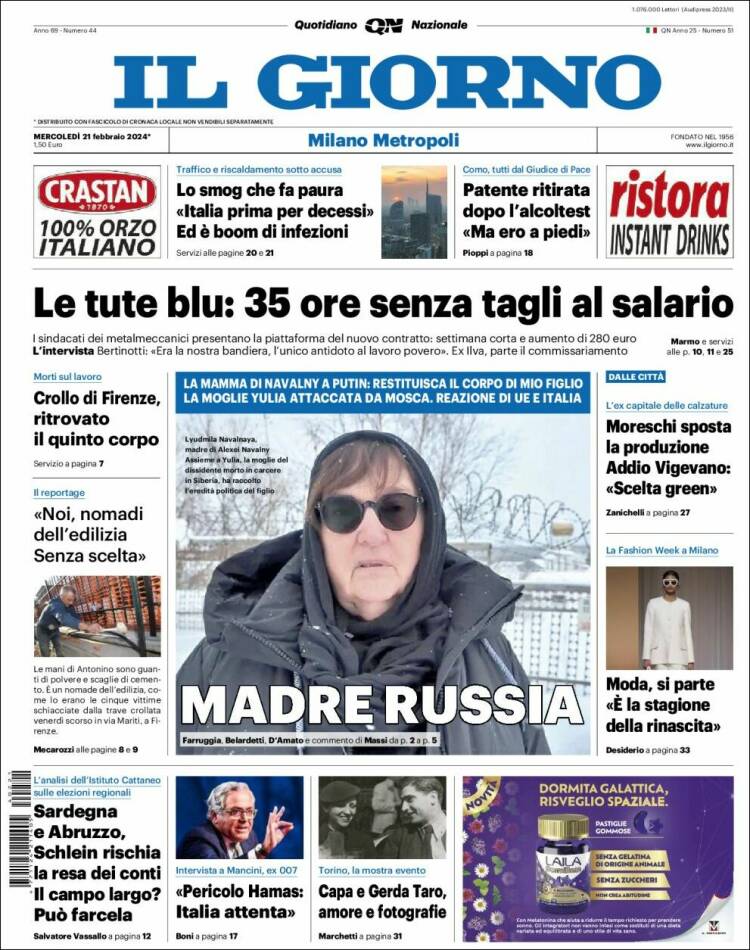 Portada de Il Giorno (Italia)