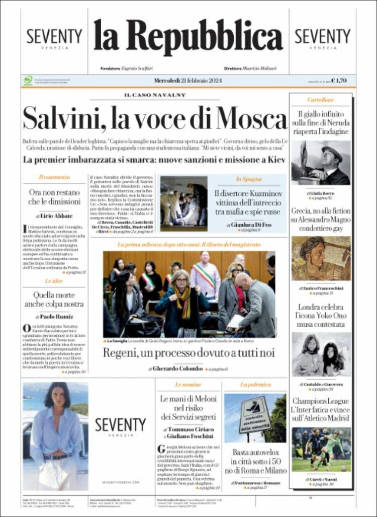 Portada de La Repubblica (Italia)