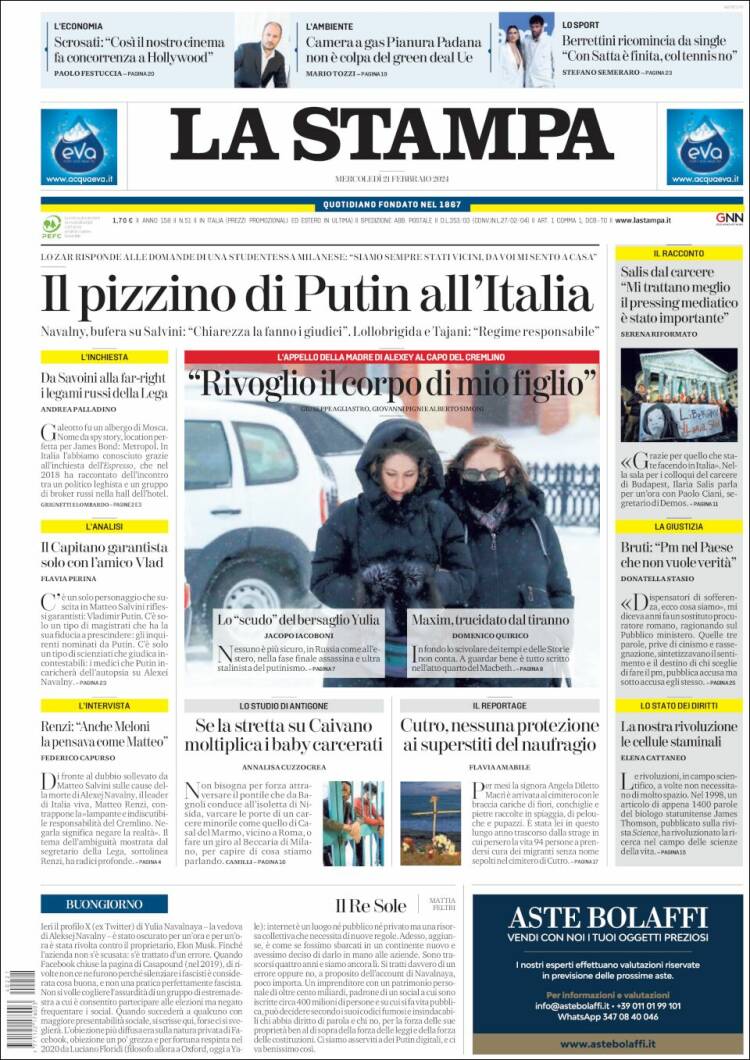 Portada de La Stampa (Italia)