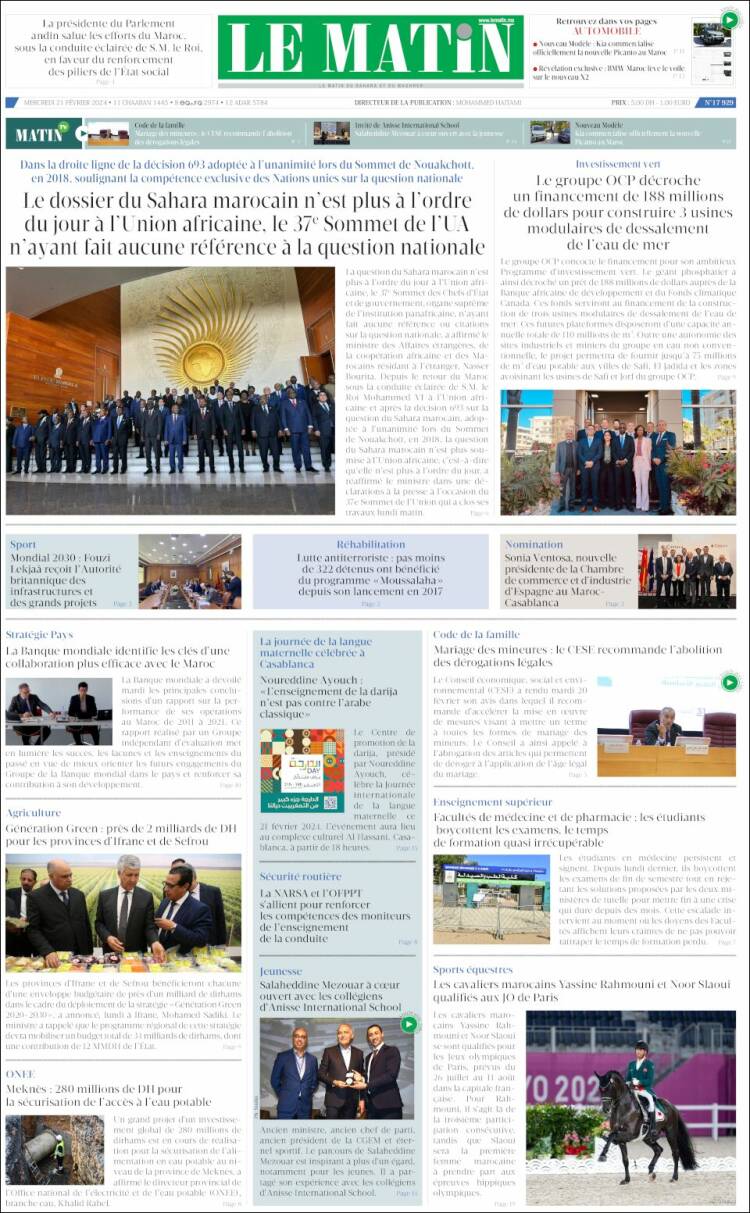 Portada de Le Matin (Marruecos)