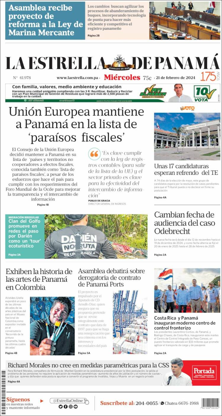 Portada de La Estrella de Panamá (Panam&aacute;)