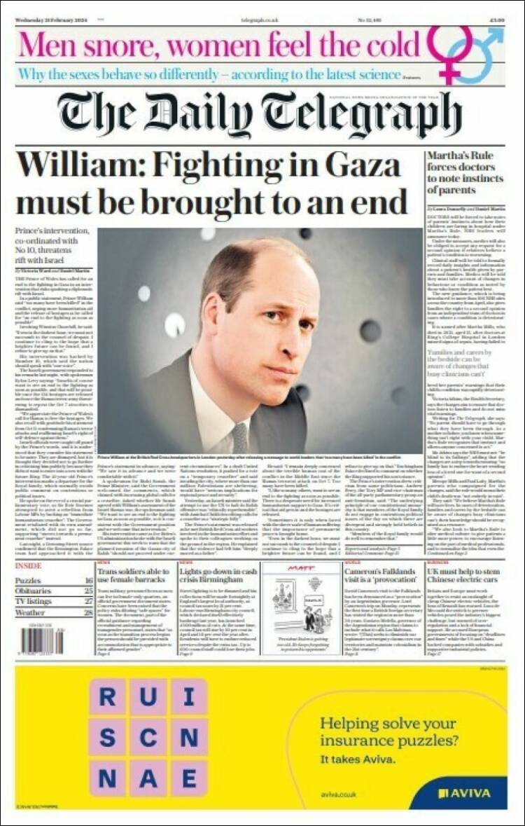 Portada de Daily Telegraph (Reino Unido)