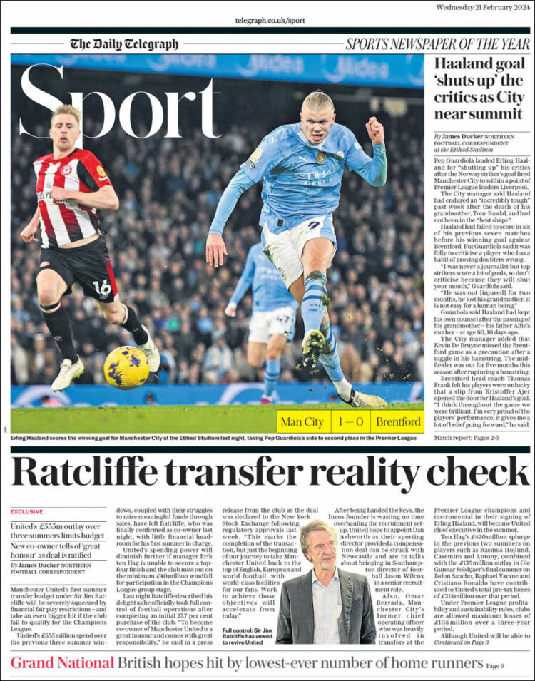 Portada de Telegraph Sport (Reino Unido)