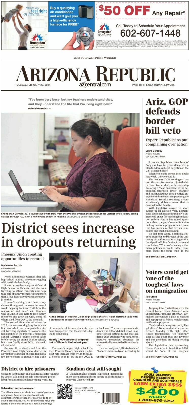 Portada de Arizona Republic News (USA)