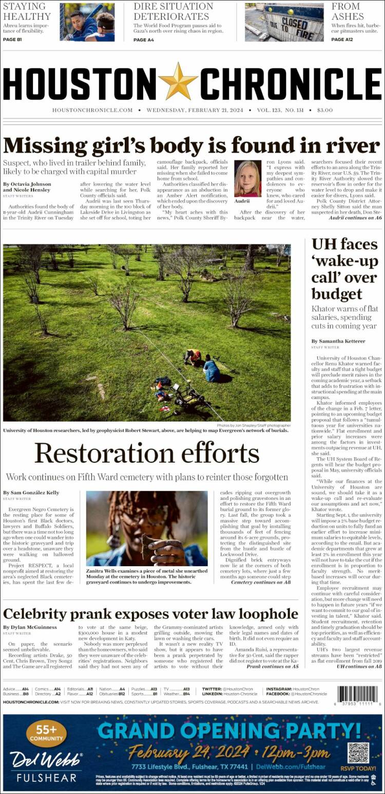 Portada de Houston Chronicle (USA)