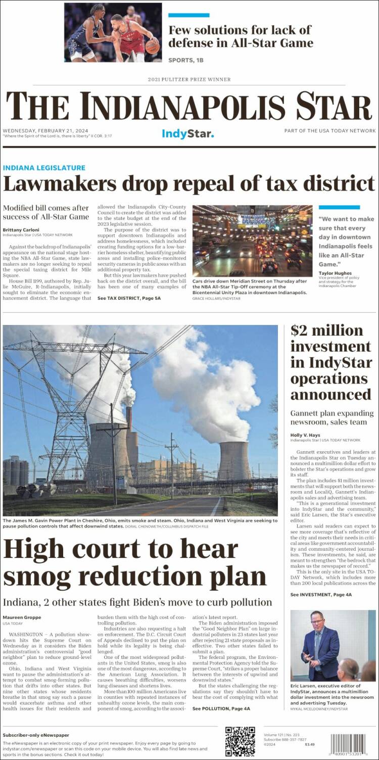 Portada de The Indianapolis Star (USA)