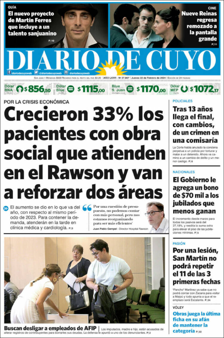 Portada de Diario de Cuyo (Argentina)