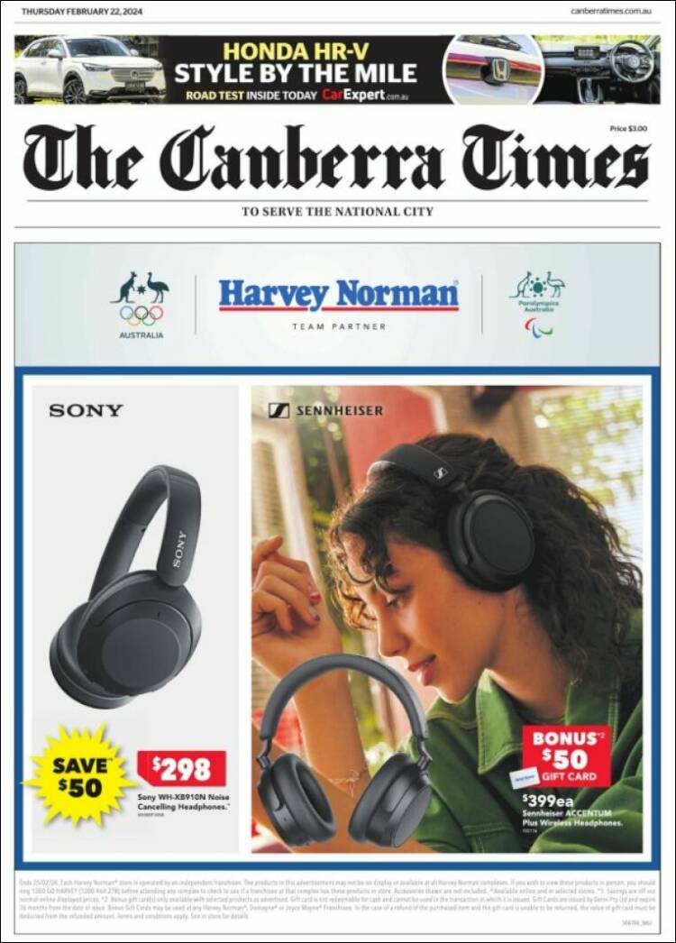 Portada de The Canberra Times (Australia)