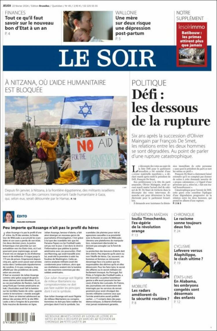 Portada de Le Soir (B&eacute;lgica)