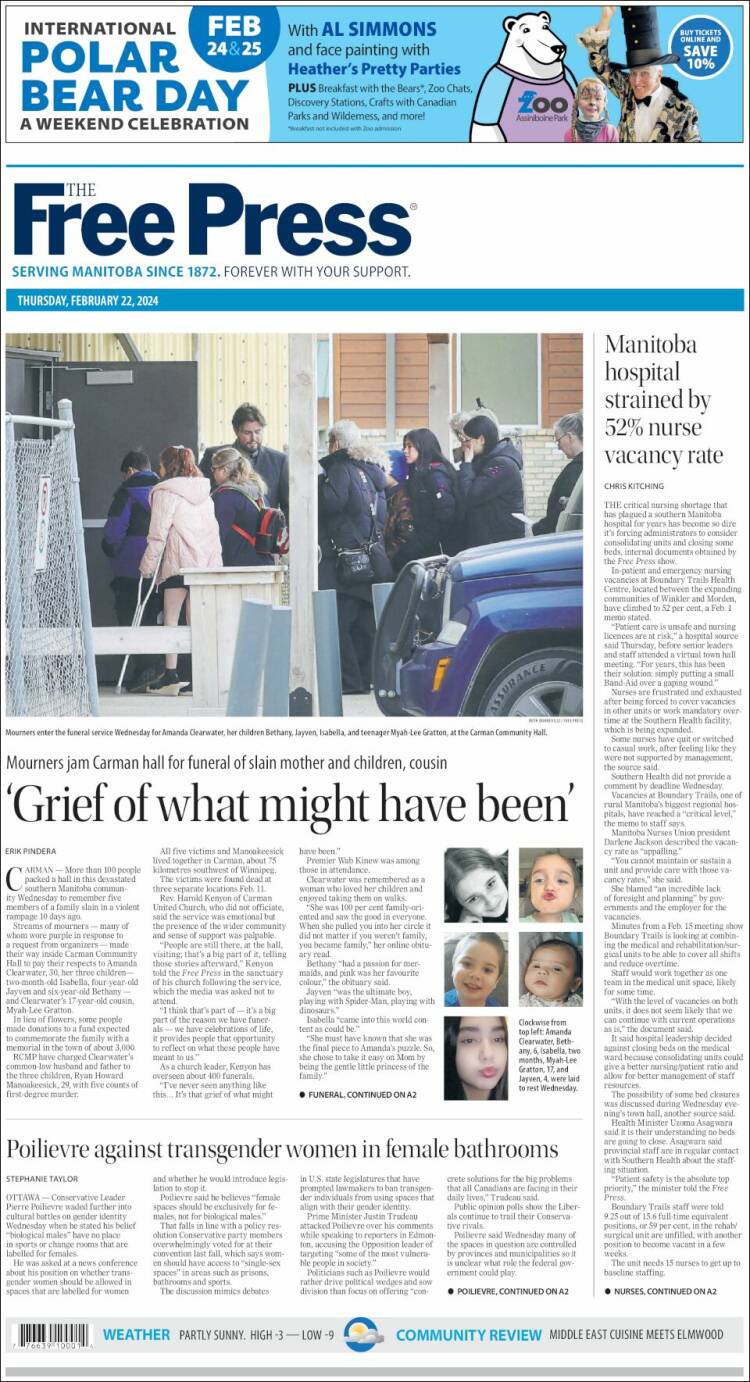 Portada de Winnipeg Free Press (Canadá)