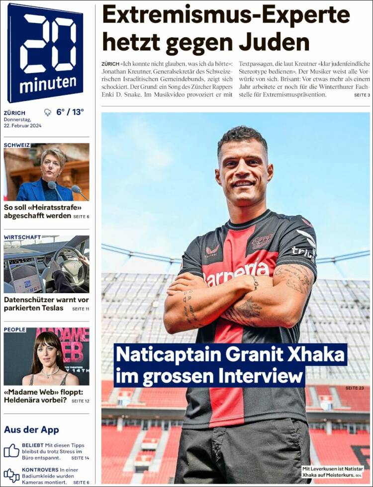 Portada de 20Minuten - Zürich (Suiza)