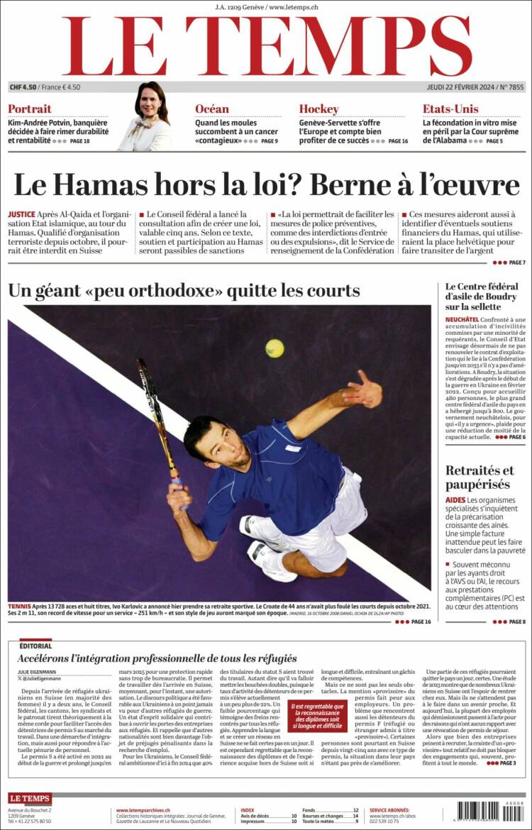 Portada de Le Matin (Suiza)