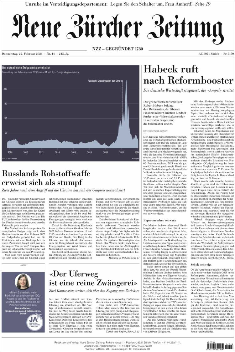 Portada de Neue Zürcher Zeitung (Suiza)