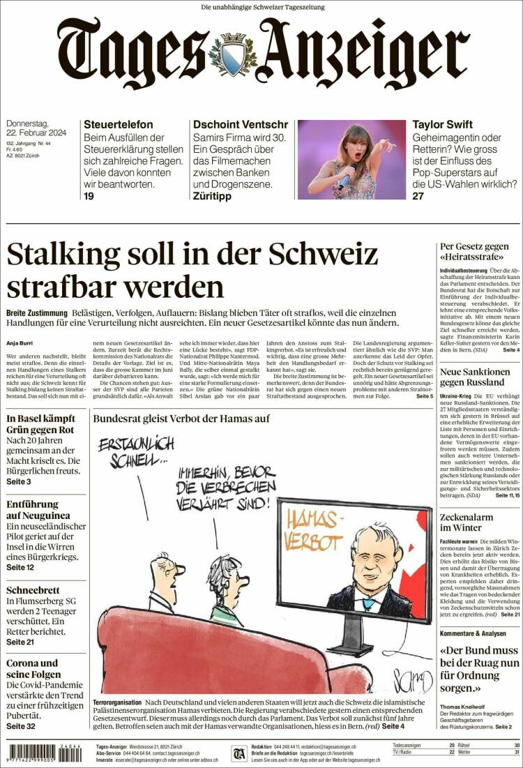 Portada de Tages-Anzeiger (Suiza)