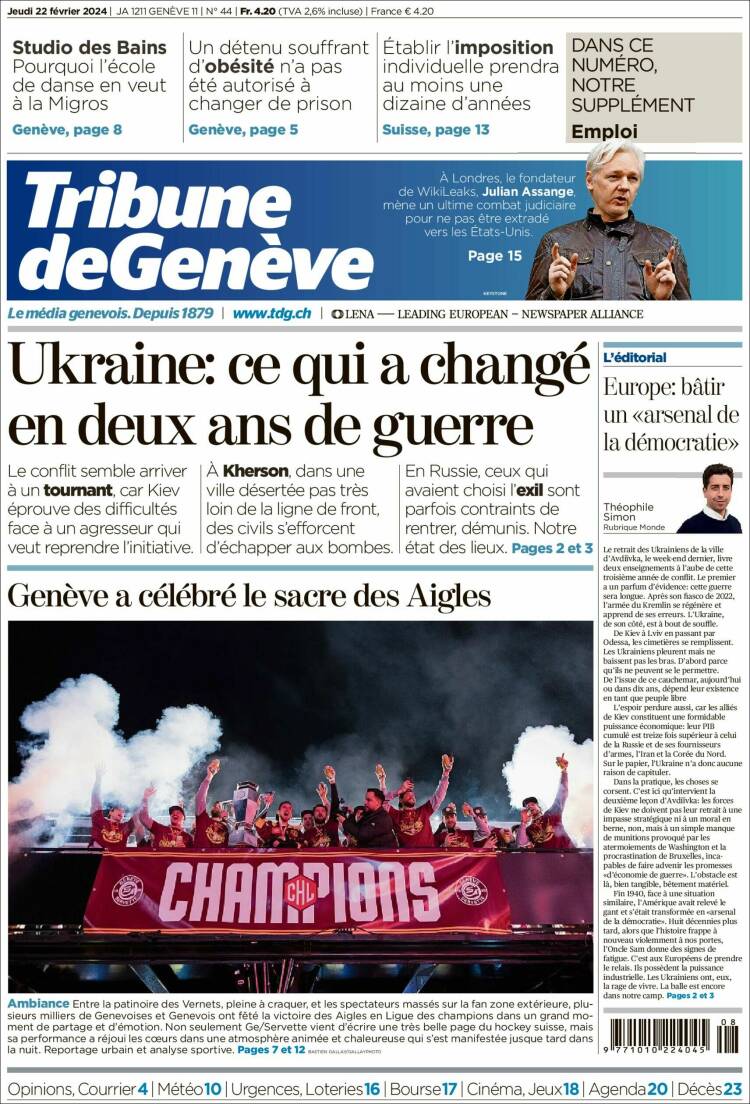 Portada de La Tribune de Genève (Suisse)