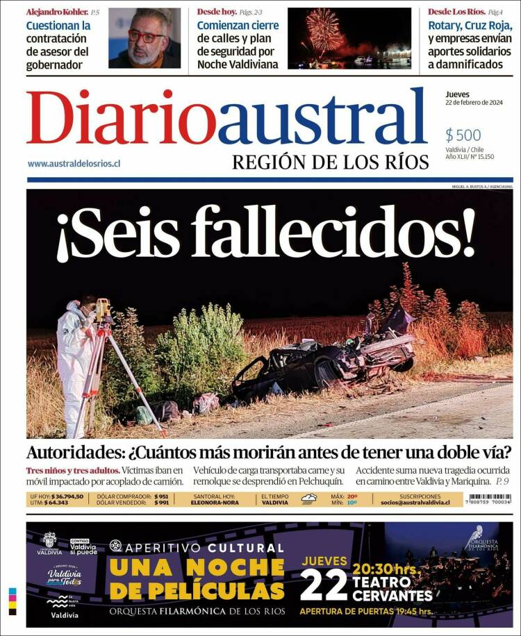 Portada de El Diario Austral de Valdivia (Chile)