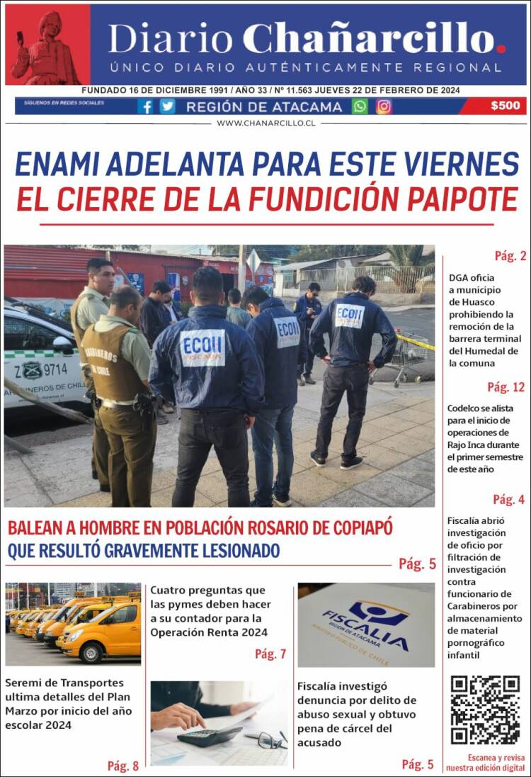 Portada de Diario Chañarcillo (Chile)